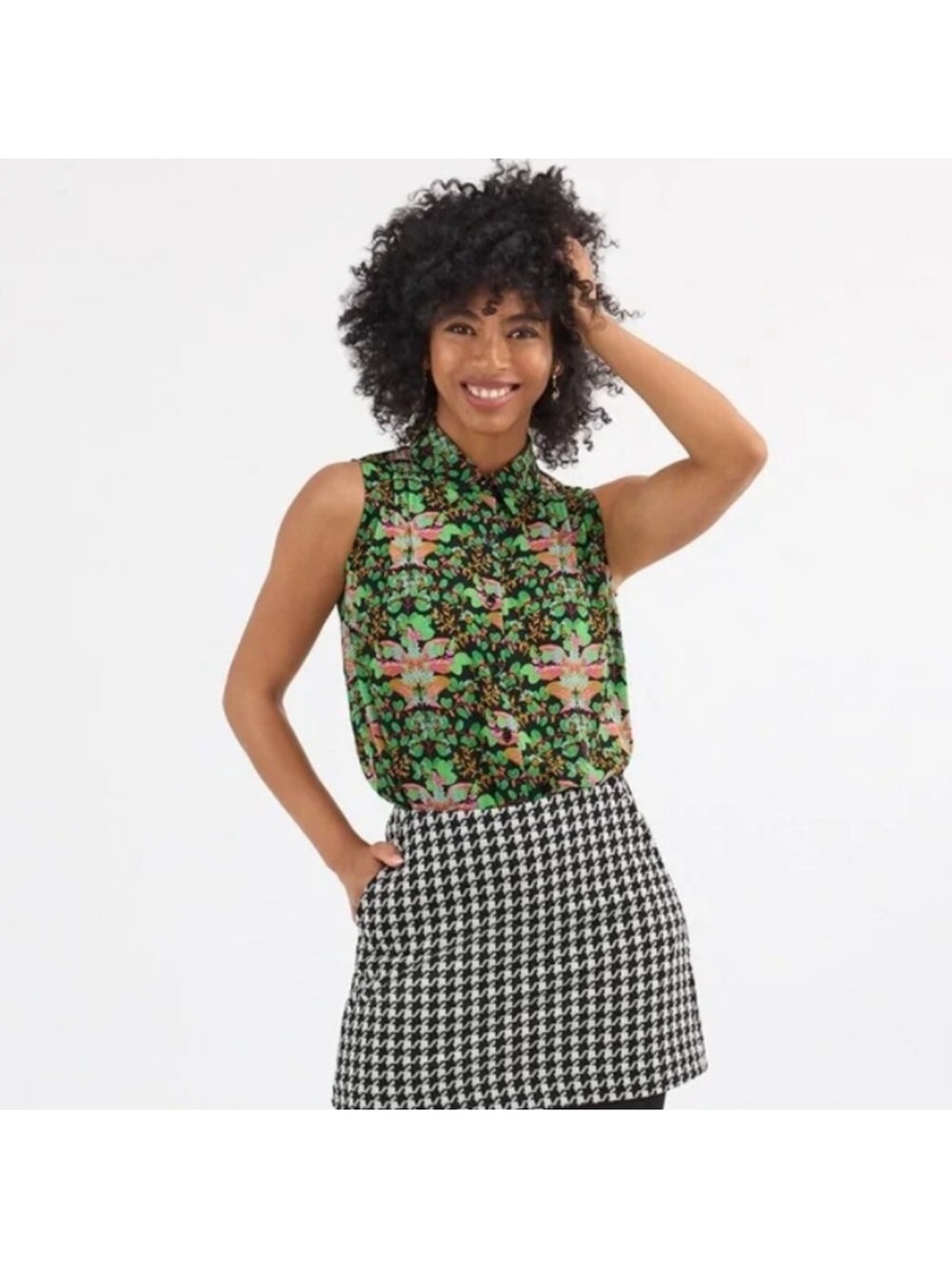 CAbi Pixie Top Black Floral Button Front Shell Green & Pink Accents Style 4739